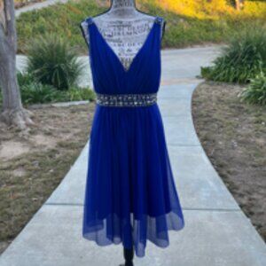 JS Boutique Cocktail Dress Size 8 Blue/Purples Chiffon Skirt, Lined, Vneckline